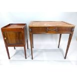 Edwardian mahogany side table, hinged panelled top above fluted frieze and swag decoration,