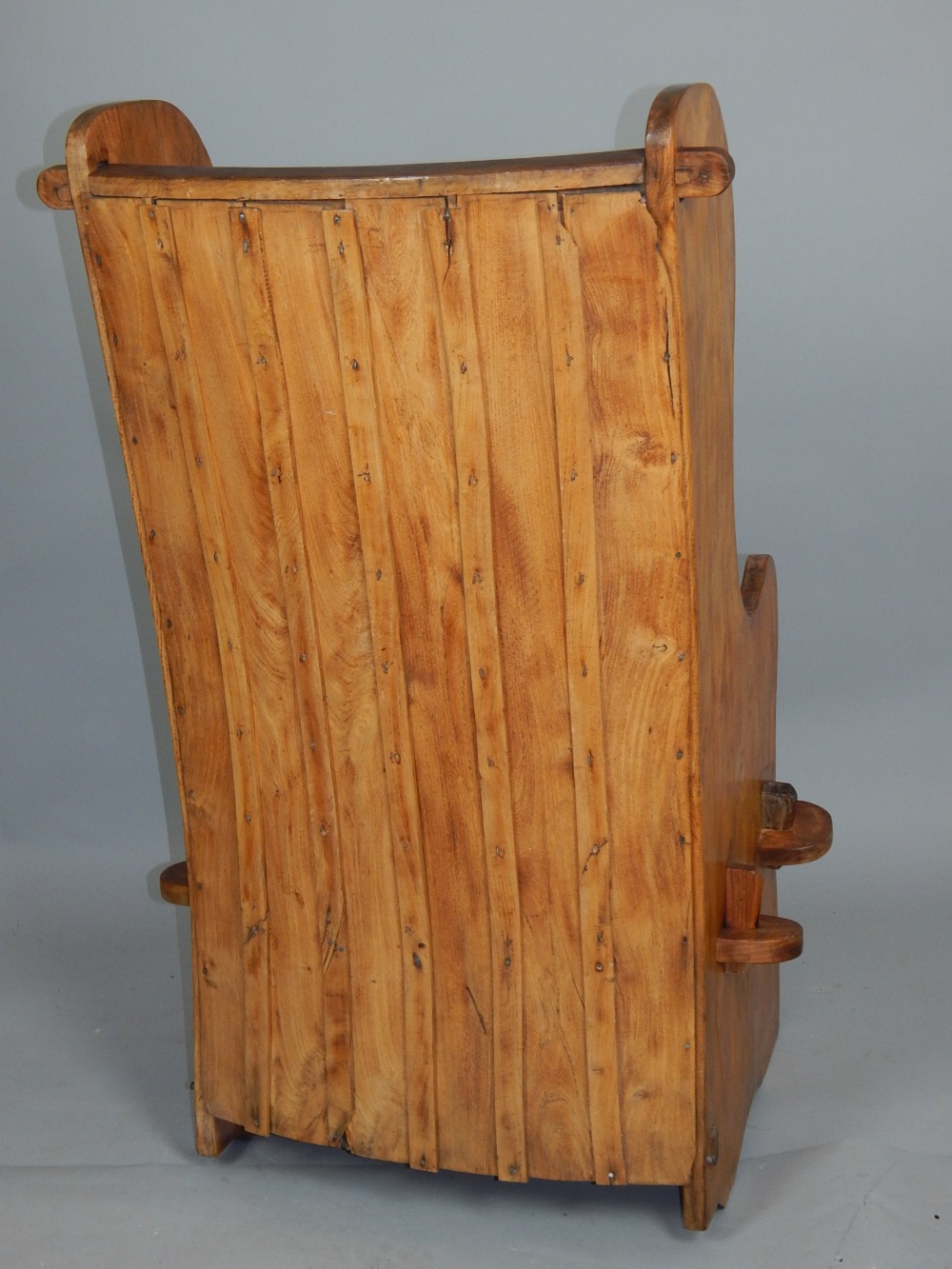 Elm lambing or porters chair, with panelled back and shaped solid sides of wedged construction, - Image 3 of 4