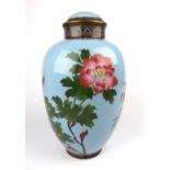 Mid 20th C Japanese lidded jar, sky blue ground,