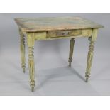 Early 20th century rustic painted side table, the plank top above a frieze drawer,