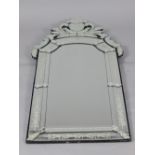 Venetian wall mirror, the rectangular shaped plate with foliate margin plates and crest,