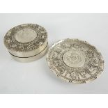 Chinese circular white metal coin dish and cover,