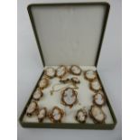 Neapolitan carved shell cameo pendants / brooches in gold and yellow metal frames,