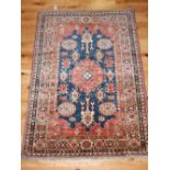 Caucasian rug, geometric design to centre and border, fringed,