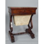 19th century mahogany sewing table, the rectangular top above a frieze drawer and work well,