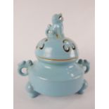 Chinese turquoise glazed twin-handled incense burner, dog of Fo finial, tripod feet,