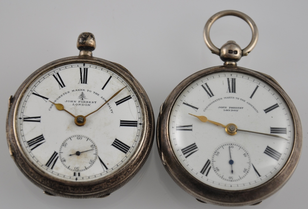 Two silver pocket watches, both John Forrest, London, Chronometer maker to the Admiralty,