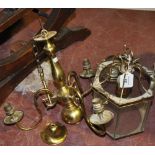 A Dutch style three branch brass electrolier,