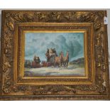 A large oil on board of a wagon and horses,