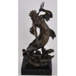 After Barie, a dark patinated bronze of Neptune emerging from a wave on rectangular marble plinth,