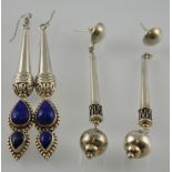 Two pairs of silver drop earrings, one pair mounted with blue stones (2 pr.