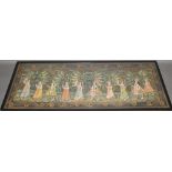 An Indian painting on fabric, depicting a regal procession through dense foliage, 41 x 115cm,