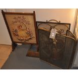 An early 20th Century tubular brass mesh spark guard together with a tapestry firescreen and one