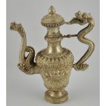 A Sino-Tibetan metal tea pot with the handle and spout in the form of mythical beasts, H28.