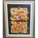 Acrylic on pierced papyrus and paper, abstract composition with autumnal foliage, unsigned,