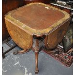 A Victorian walnut drop leaf square occasional table on quadruple downswept base,