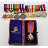 A collection of eight WWII miniature dress medals on two bars together with a cased Imperial