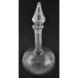 A late Victorian mallet shaped glass decanter with steeple stopper and fern etched body,
