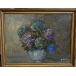 A Moody (Modern British) vase of hydrangea, oil on canvas,