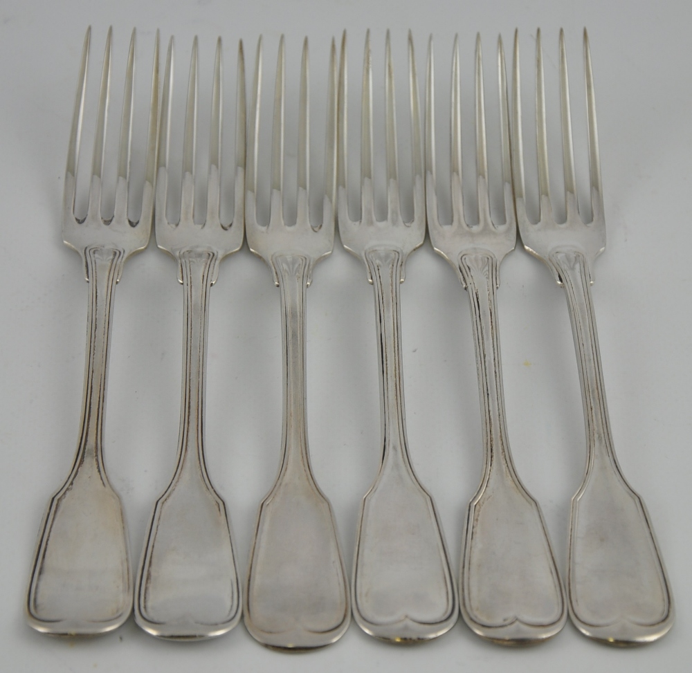 A set of 6 German silver 800 standard table forks and fiddle and thread pattern,