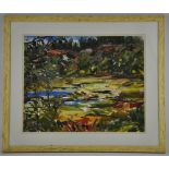 Watercolour and acrylic on paper, Impressionist-style landscape, signed K Russell lower right,