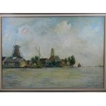 20th century Dutch school, View of a Village on a Lake, oil on canvas, unsigned. H: 39cm W: 54cm