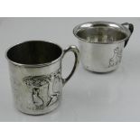 A silver plated children's drinking cup decorated with a bear, together with a silver plated