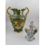 A green ground and gilt ceramic twin-handled vase, H: 33cm, together with a porcelain bowl decorated