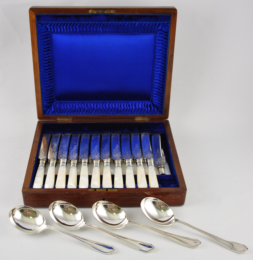 A canteen of plated cutlery with faux mother of pearl handles,