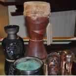 A small quantity of assorted West African hardwood carvings, a Medina style glass ash tray,