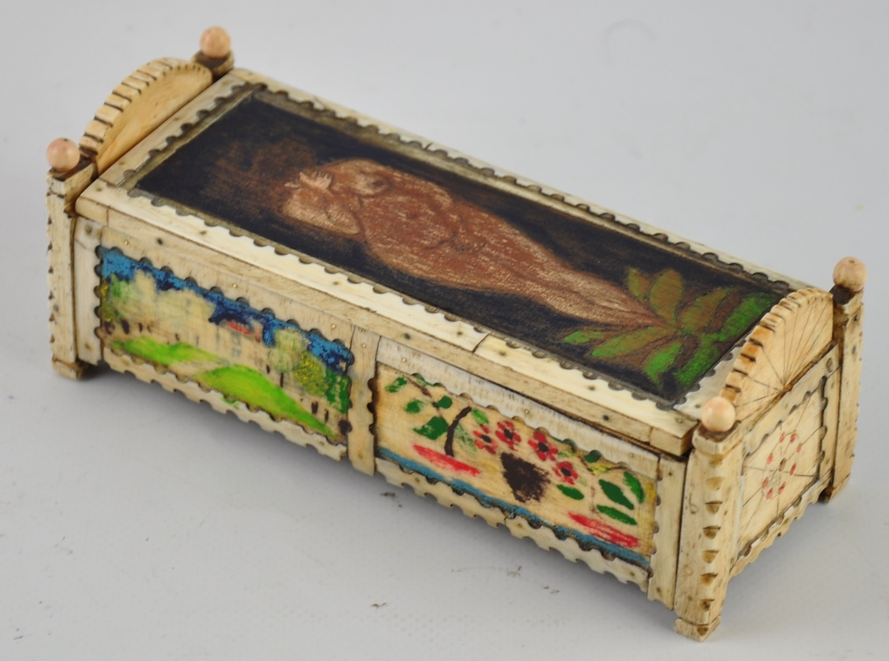 A late 19th/ early 20th Century possibly prisoner of war rectangular engraved bone box,