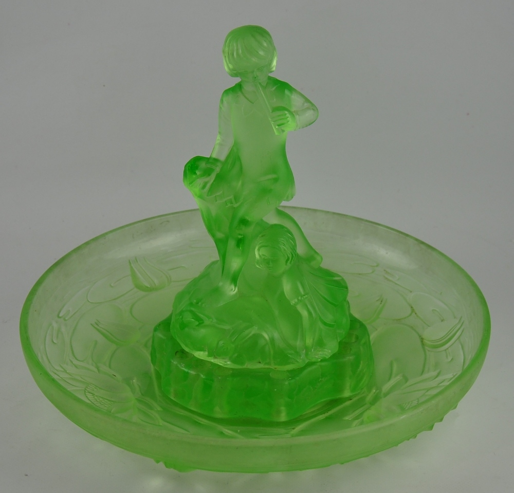 An Art Deco style three section green glass centre piece,