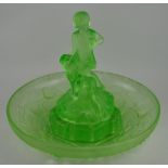 An Art Deco style three section green glass centre piece,