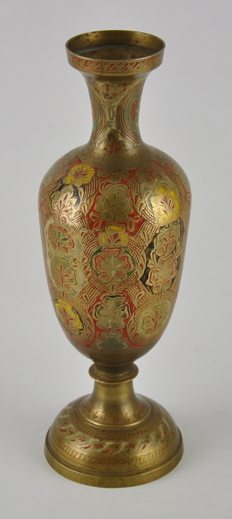 A Persian champleve enamelled brass urn, H.