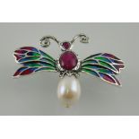 A silver freshwater pearl and enamel set butterfly brooch