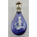 A Mary Gregory style lilac perfume bottle with silver plated top