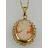 A 9 carat yellow gold and cameo pendant, suspended on a 9 carat yellow gold chain.