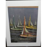 After Hubert Henri de Vries (Dutch, 1989-1979), Sailing Boats at Sea, coloured print. H: 52cm W: