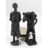 A bronze figural study of a labourer, H. 12cm, togetherr with a bronze of a young lady. H.