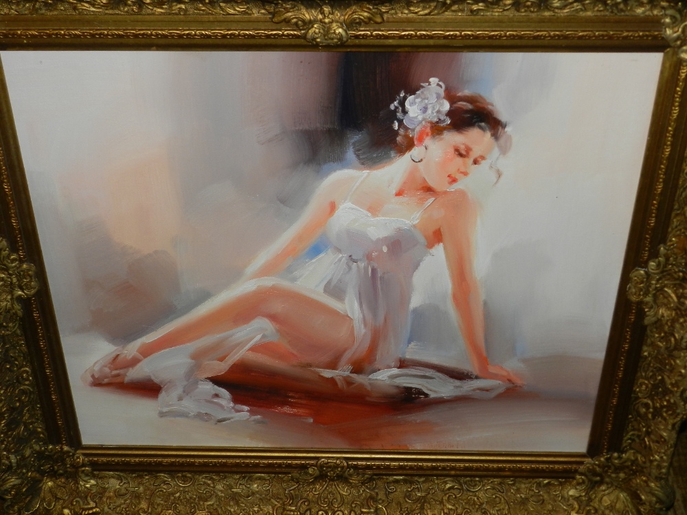 20th century school, a seated ballerina, oil on canvas, unsigned. H. 49cm W.