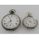 An early 20th Century ladies silver fob watch with engraved case together with a silver open faced