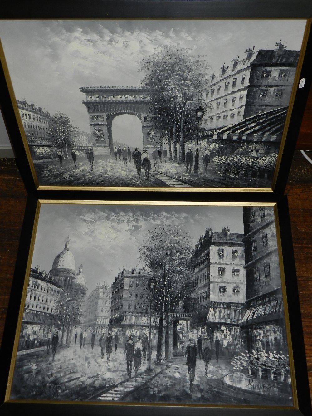 Burnett (Modern British), Parisian street scenes, three monochrome oils on canvas, - Image 2 of 2