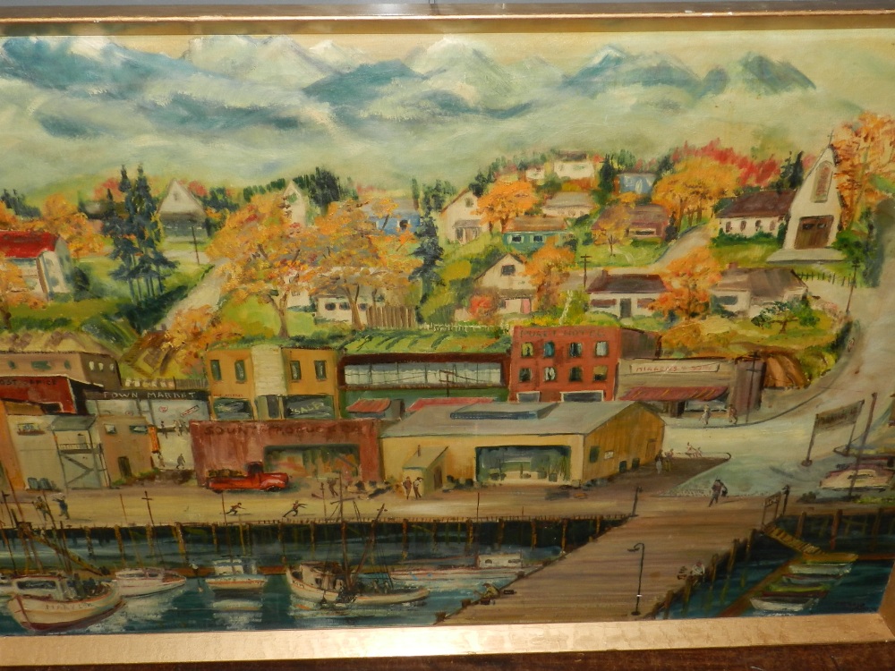 A Charles Trumbo Henry (American 1902-1964), 'View of Coastal Town', oil on canvas, signed C.