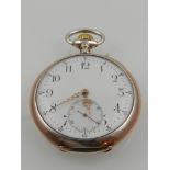 A IWC open faced pocket watch, the enamel dial marked Roman numerals with subsidiary seconds dial at