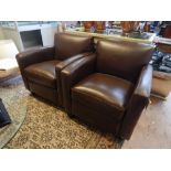 A pair of Contemporary stitched brown leather club chairs,