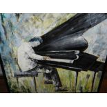 Reina Swaroop (Contemporary Indian school), Pianist, acrylic on canvas, signed lower left. H. 78.