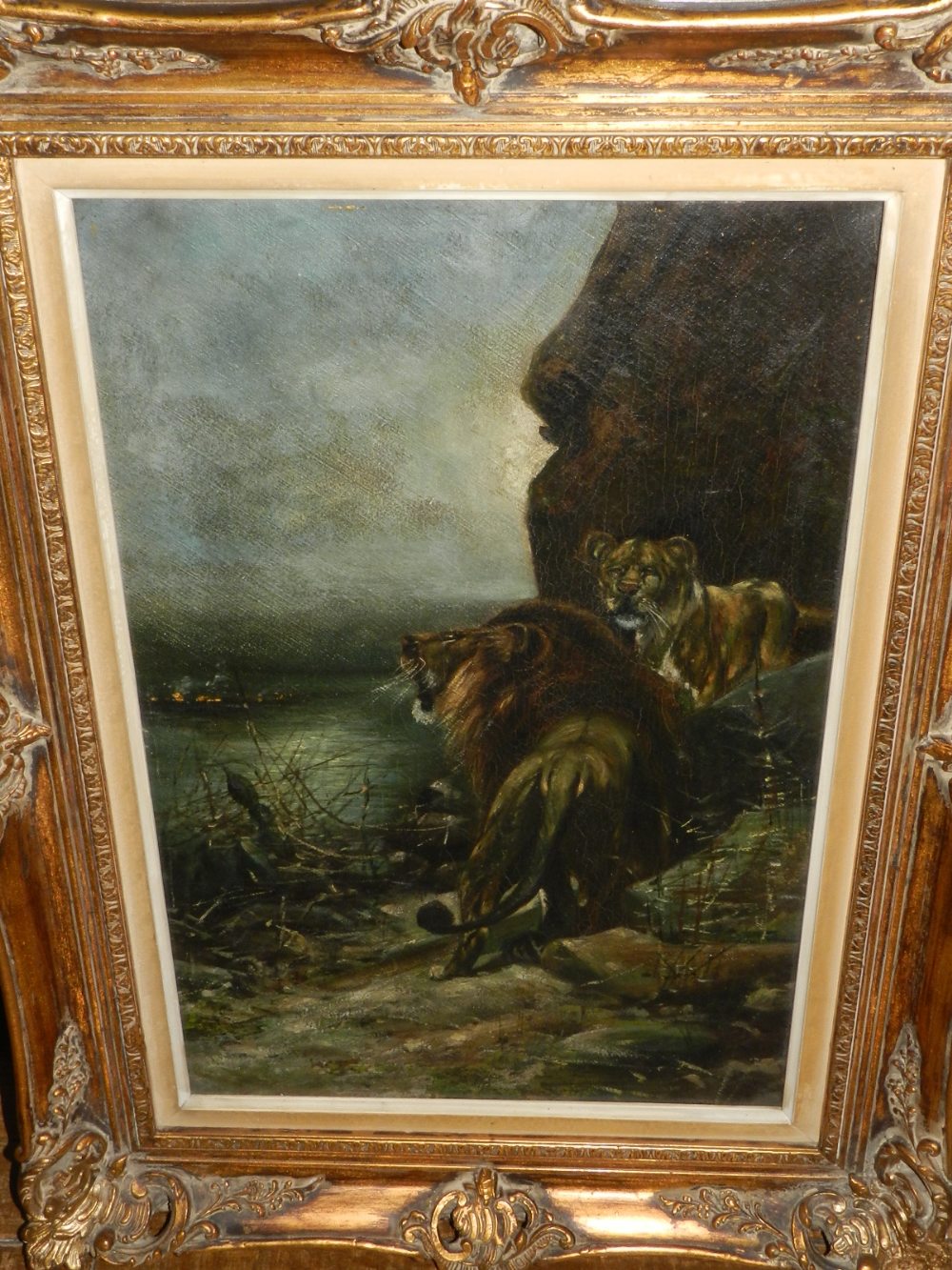 20th century school, lions at night, oil on canvas, unsigned. H. 53cm W.