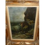 20th century school, lions at night, oil on canvas, unsigned. H. 53cm W.