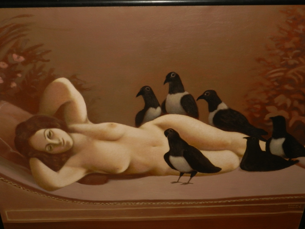 Georgi Y, Reclining Nude with Pigeons, oil on canvas, signed and dated London '95, 90 x 120cm.