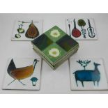 A set of four glazed tiles decorated with Ann Wynn Reeves, H: 15cm W: 15cm,